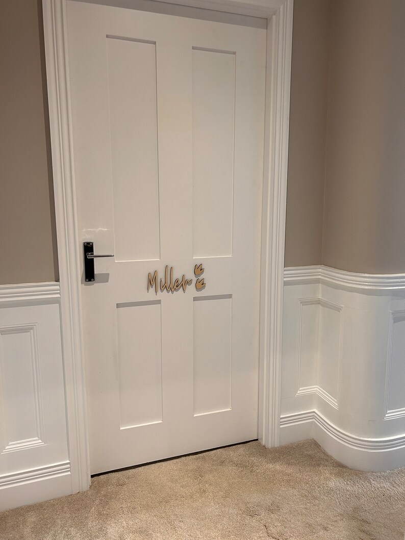 May include: White door with a wooden name sign that reads "Miller" with two small wooden hearts on the right side of the name.