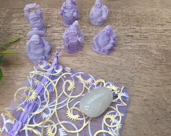 Mini Buddha Figurine Gift Set with Crystal & Organza Bag, Set of 6 Purple Buddha Statues, Meditation Decor, Zen Gift, Mindfulness Home Decor