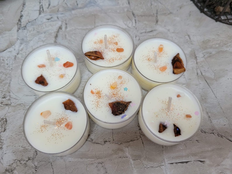 Soy Wax Tealight Candles Crystal Candles Hand poured Candles Crystal intention 6 pack candles with Herbs Scented Candles Vanilla Bean