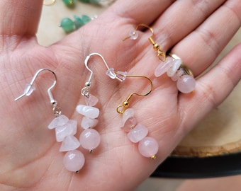 Bohemian Rose Quartz Crystal Earrings: Stacked Gemstone Dangle