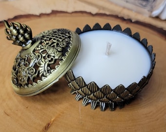 Lotus Brass Candle Burner: Scented Soy Wax Candle, Reusable Holder