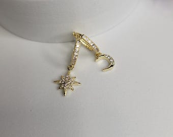 Handmade Copper Star and Moon Earrings - Zircon Celestial Jewelry