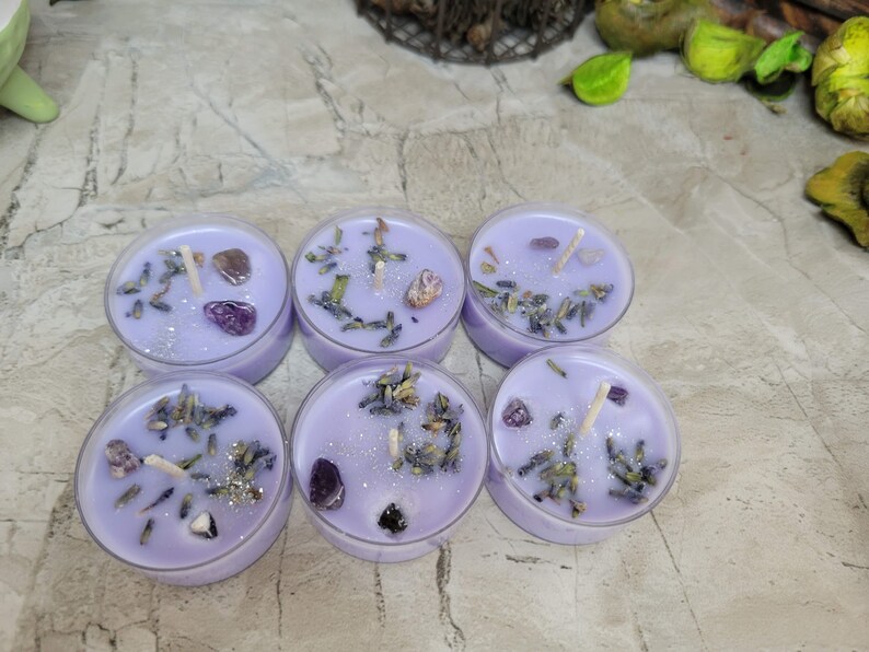 Soy Wax Tealight Candles Crystal Candles Hand poured Candles Crystal intention 6 pack candles with Herbs Scented Candles Lavender