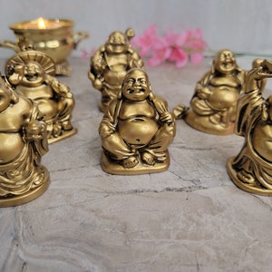 Beautiful Pack of 6 Laughing Buddha Figurines Lucky Happy Buddha Statue Home Décor altar Set Gold