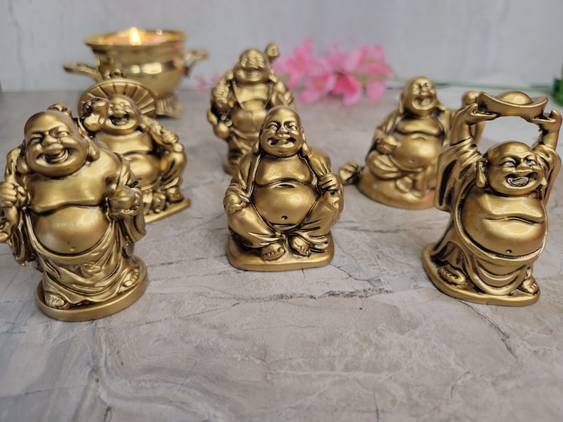 Beautiful Pack of 6 Laughing Buddha Figurines Lucky Happy Buddha Statue Home Décor altar Set Gold