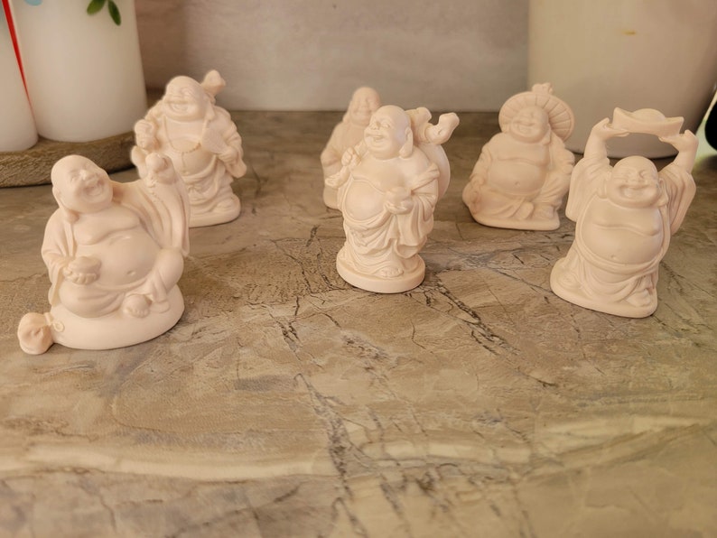 Beautiful Pack of 6 Laughing Buddha Figurines Lucky Happy Buddha Statue Home Décor altar Set White