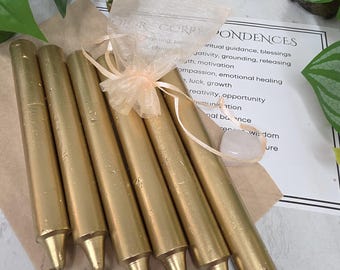 Gold 6 Inch Taper Candle Kit, Candles with Crystal & Color Correspondence Guide, Ritual Candle Set, Spiritual Gift