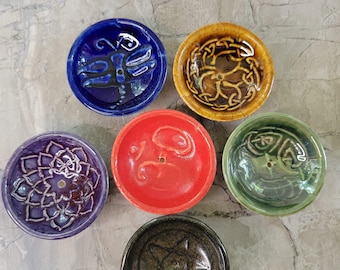 Handmade ceramic incense burner bowls embossed assorted designs, incense cones holder