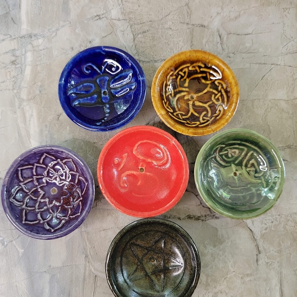 Handmade ceramic incense burner bowls embossed assorted designs, incense cones holder