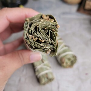 May include: Two bundles of dried sage leaves tied with twine. The bundles are green and brown and are arranged on a white surface.