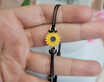 Sunflower Aura Protection Bracelet, Adjustable Black Cord Jewelry for Positive & Spiritual Balance