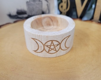 Triple Moon Pentagram Wood Tea Light Candle Holder – Handcrafted Small Sacred Decor for Witches