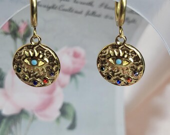 Rainbow Evil Eye Hoops-Stylish Safeguard Earrings for Protection- Spiritual Defense