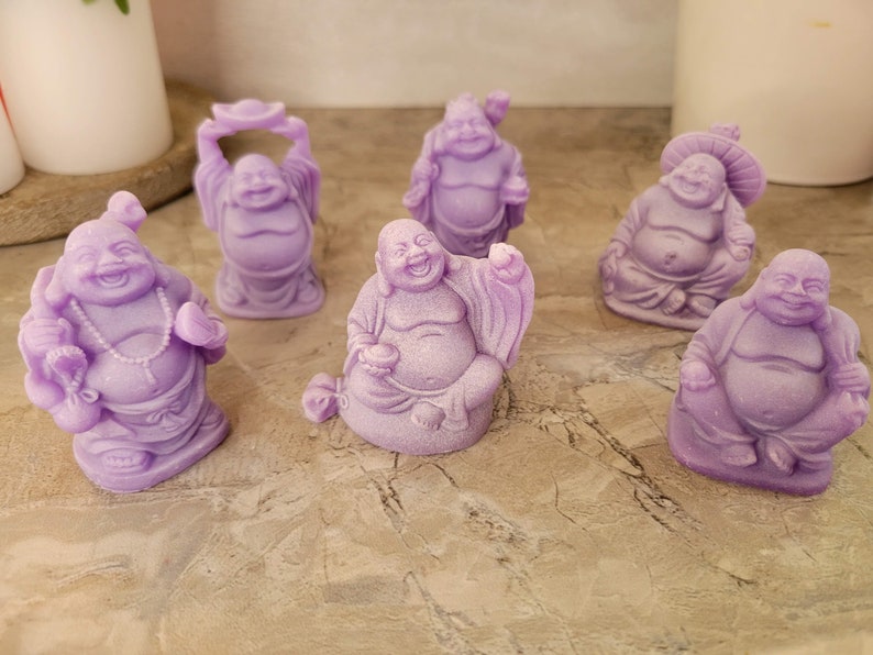 Beautiful Pack of 6 Laughing Buddha Figurines Lucky Happy Buddha Statue Home Décor altar Set Purple