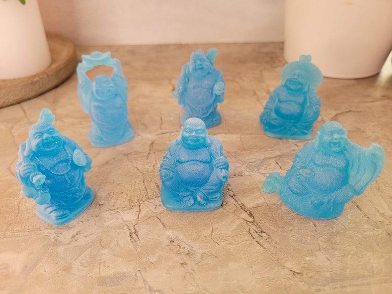 Beautiful Pack of 6 Laughing Buddha Figurines Lucky Happy Buddha Statue Home Décor altar Set Blue