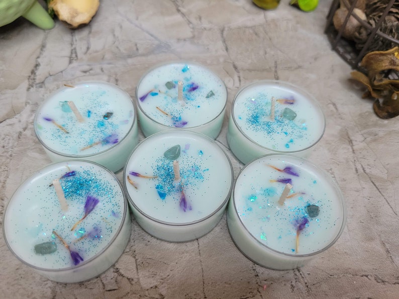 Soy Wax Tealight Candles Crystal Candles Hand poured Candles Crystal intention 6 pack candles with Herbs Scented Candles A thousand Wishes