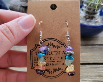 Seven Chakras Crystal Chips Earrings ,Rainbow Earrings Dangle Stacked Stone Drop Earrings