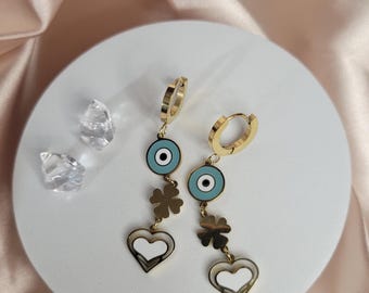 Lucky Heart Evil Eye Earrings – 14k Gold Plated Stainless Steel, Spiritual Jewelry