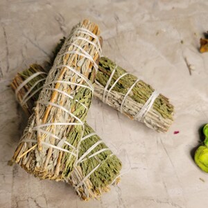 Pu&ograve; includere: Due mazzi di salvia e cedro legati insieme con uno spago. I bastoncini sono di colore marrone chiaro con foglie verdi.