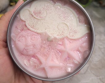 Celestial Pink Moon Soy Candle: Black Amber Lavender Scented, Crystal Chips