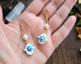 Hamsa Hand Evil Eye Dangle Earrings: Freshwater Pearl Beads