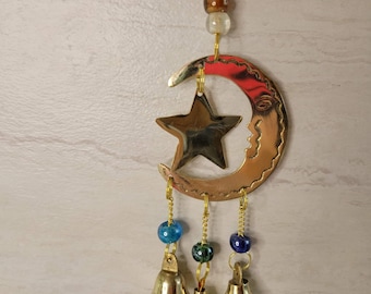 Star and moon handmade brass wind chime with bells  witch bells