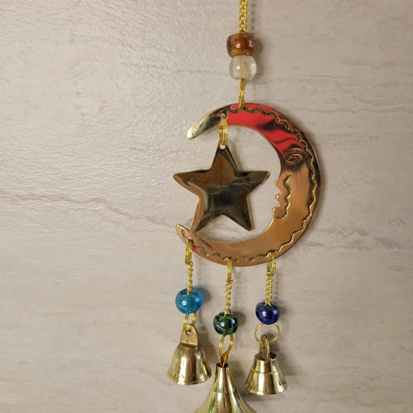 Star and moon handmade brass wind chime with bells  witch bells
