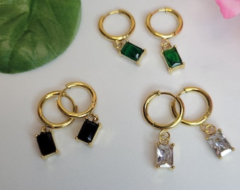 Modern Mystic Hoops - Gold Tone Earrings with Rectangular White & Green Stones, Boho Chic Jewelry