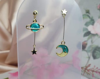 Celestial Mismatch Earrings, Planet and Moon with Stars in Green and Rose, Cosmic Jewelry