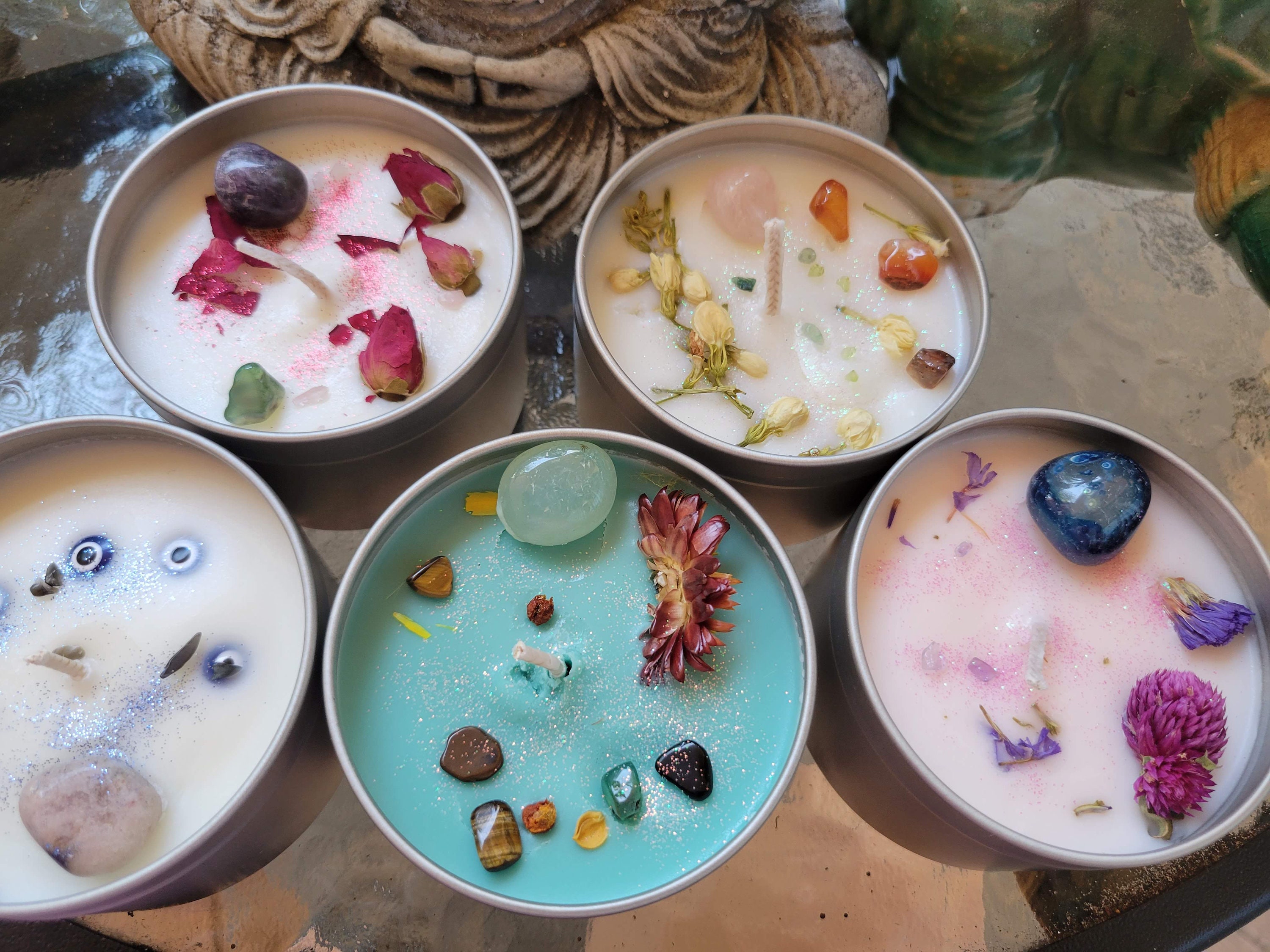 Crystal Candles - Healing/ Intentions Candle/- Flowers 8oz/ Candle - …
