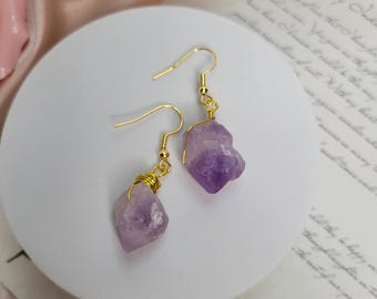 Raw Amethyst Earrings, 14k Gold Plated, Spiritual Jewelry