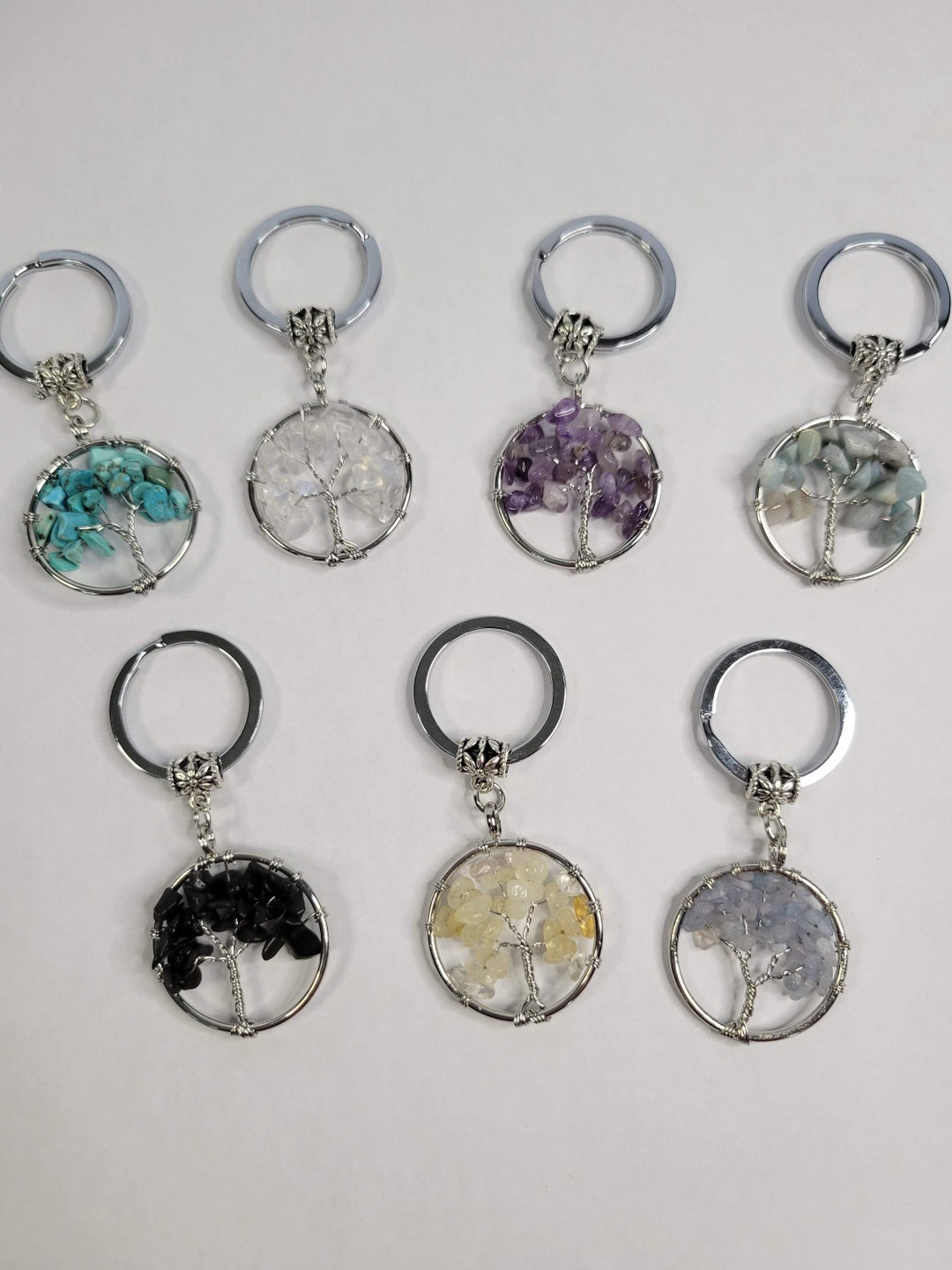 Natural/synthetic Mixed Stone Keychain, Flat Round With Tree of Life - Etsy