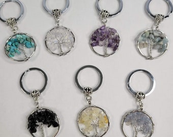 Natural and synthetic mixed stone keychain, flat round with tree of life