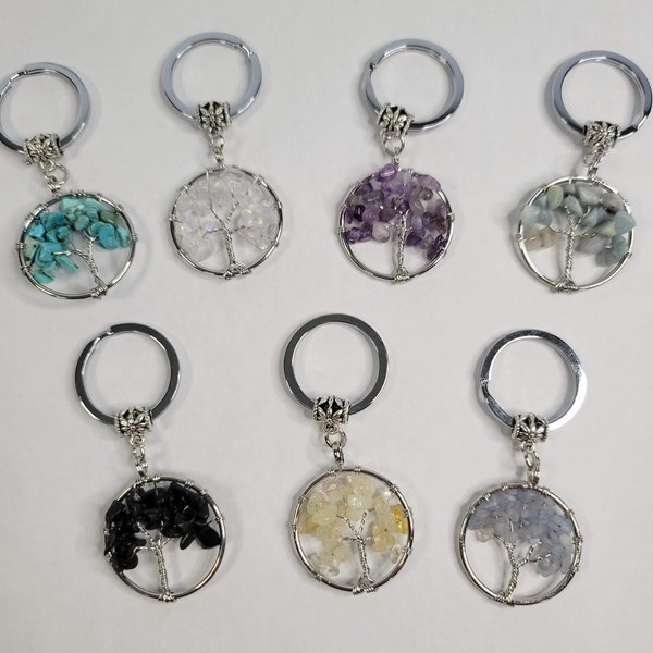 Natural/synthetic mixed stone keychain, flat round with tree of life