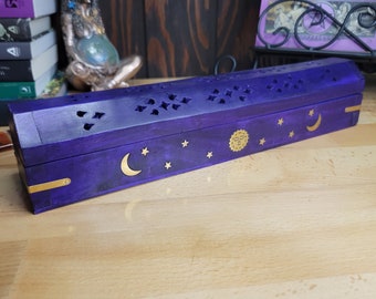 Purple Celestial Wooden Incense Burner Box Triple Moon, Incense Storage Box, Handcrafted Wood Box for Incense