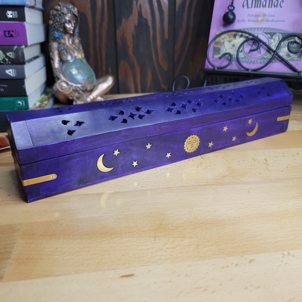 Purple Celestial Wooden Incense Burner Box Triple Moon, Incense Storage Box, Handcrafted Wood Box for Incense