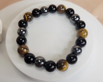 Obsidian and Tiger Eye Hematite Bracelet, Handmade Unisex ,Spiritual Defense
