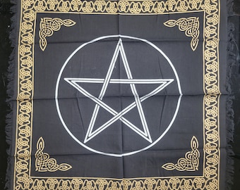 Pentagram Altar Cloth: Black Witchcraft Tablecloth with Golden Border