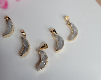 Gold Electroplated Druzy Crescent Moon Pendant – Raw Crystal Boho Witchy Charm