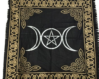 handpainted on thick black fabric Big altar cloth with triple moon symbol tarot spread cloth