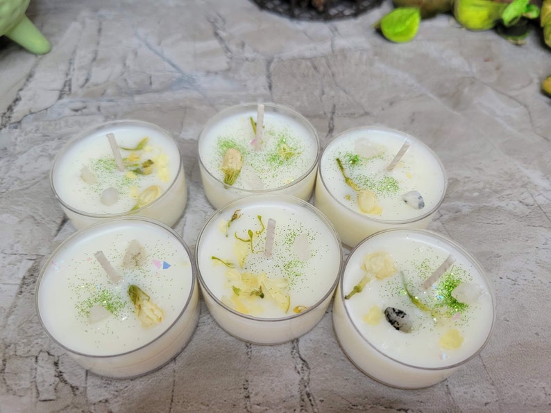 Soy Wax Tealight Candles Crystal Candles Hand poured Candles Crystal intention 6 pack candles with Herbs Scented Candles Midnight Jasmine