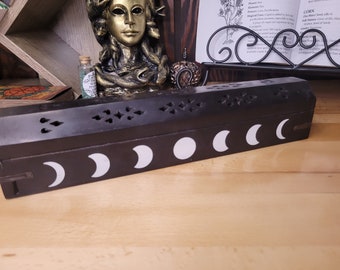 Phases of the Moon Black Wooden Incense Burner Box, Incense Storage Box, Moon Handcrafted Wood Box for Incense