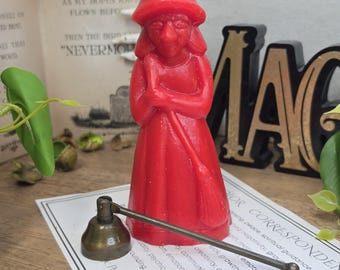 Red Witch with Broom Candle Ritual Kit, Red Witch Figure Candle, Brass Candle Snuffer, Candle Color Guide, Gothic Witch Decor Gift