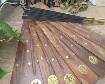 Wooden Zodiac Incense Holder Set with 20 Sticks, Astrology Ash Catcher
