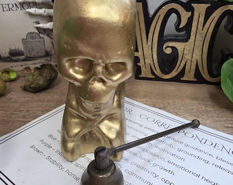 Gold Skull Candle Gift Set with Candle Snuffer & Color Correspondence Guide, Gothic Skull Candle, Halloween Decor, Witchy Gift
