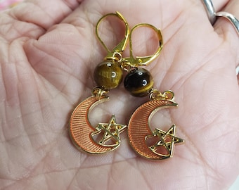Star and Moon Earrings Handmade with Tiger Eye, Gold Charm, Astrology Lovers