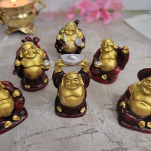 Beautiful Pack of 6 Laughing Buddha Figurines Lucky Happy Buddha Statue Home Décor altar Set Red & Gold