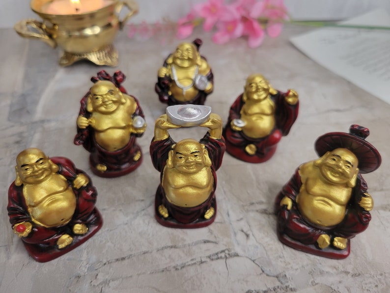 Beautiful Pack of 6 Laughing Buddha Figurines Lucky Happy Buddha Statue Home Décor altar Set Red & Gold