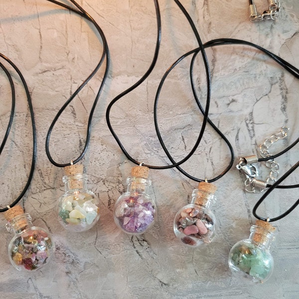 Glass wishing bottle leather cord pendant necklaces, with natural gemstone chip beads
