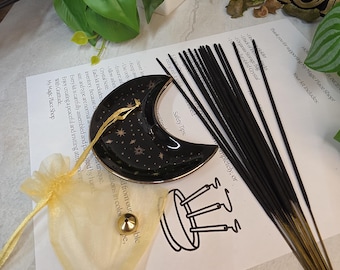 Moon Incense Holder Gift Set, Crescent Moon Trinket Dish with Incense Stick Holder, 20 Incense Sticks, Jewelry Dish, Home Fragrance Kit